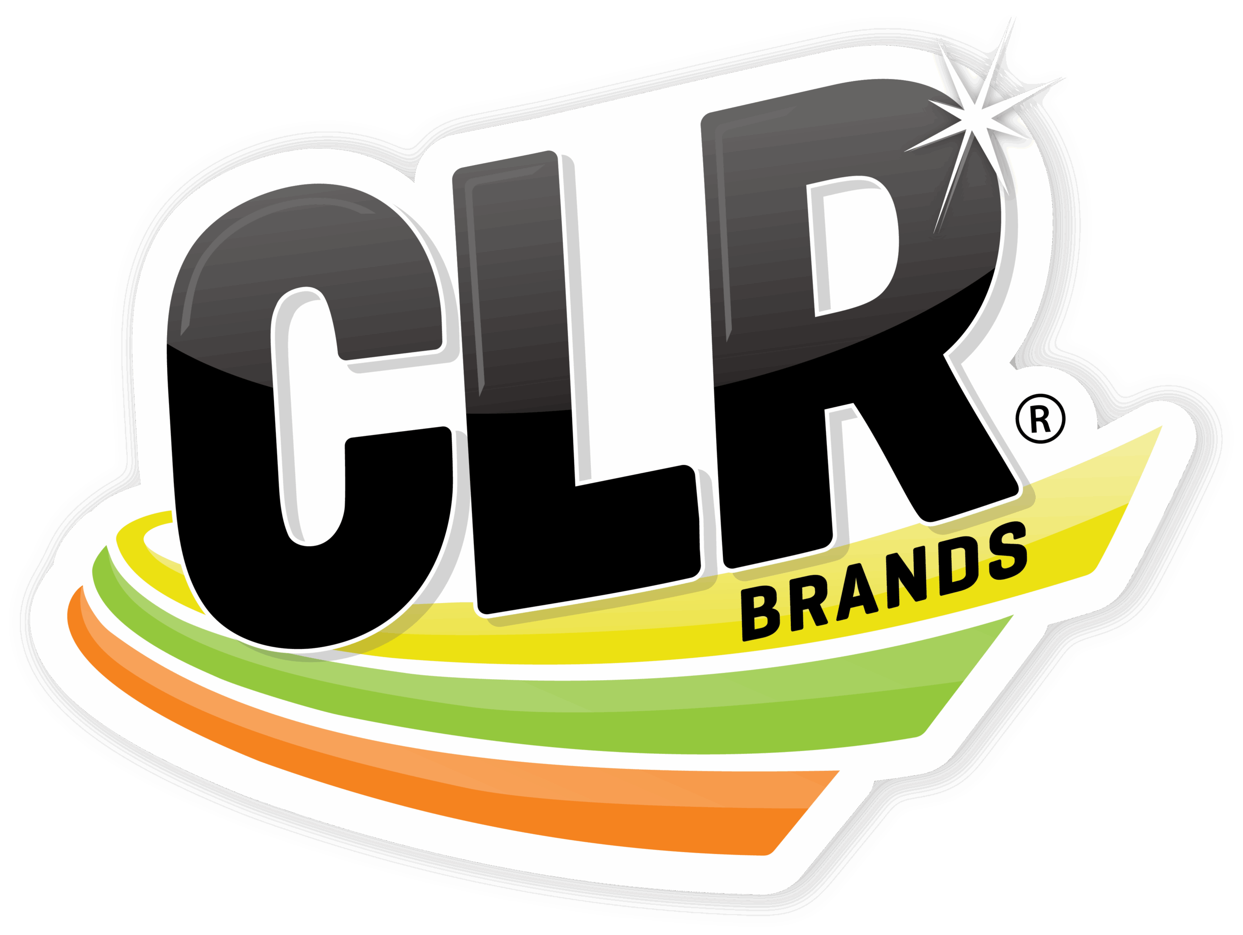 The CLR Brands logo features large black letters CLR with a sparkle, the word BRANDS below, and green, yellow, and orange curved lines underneath—perfectly reflecting their trusted cleaning products.